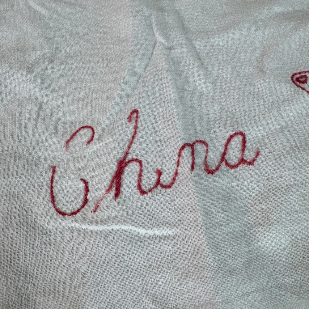 Vintage‎ Redwork Hand Embroidered Tea Towel China Teacup Teapot White Cotton